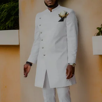 Hivatalos férfi öltönyök álló gallérral 2 darab hosszú kabát nadrág esküvői szmoking afrikai vőlegény számára Férfi divat jelmezek egyedi készítésű