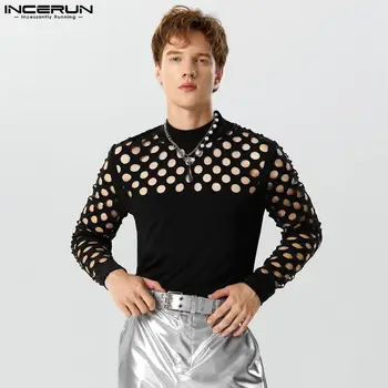 INCERUN felsők 2023 amerikai stílusú férfi divat gyémánt üreges design pólók szexi, jól illeszkedő tömör hosszú ujjú Camiseta S-5XL