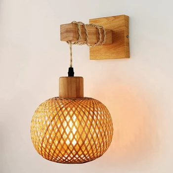 Retro fali lámpa Szőtt rattan fa sconces Nappali éjjeli lámpa Vintage hálószoba dekoráció világítás