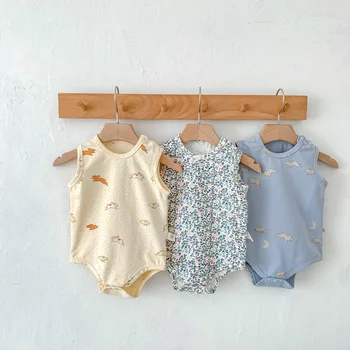 Nyári baba ujjatlan body, aranyos rajzfilm nyomtatás csecsemő fiú jumpsuit kisgyermek lány virágos egyrészes vékony pamut újszülött ruhák