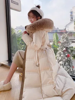 Új, kiváló minőségű női róka szőrme gallér kabát téli kabát hideg 90% fehér kacsa felsőruházat hosszú kapucnis Parker kabát