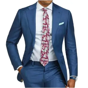Formális kék férfi öltöny 2 darab Slim Fit jelmez Homme egyedi vőlegény Tuxedo blézer esküvői báli kabát nadrág Terno egyedi gyártású