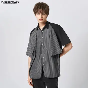 INCERUN 2023 Fahison férfi ing csíkos patchwork hajtóka rövid ujjú Camisad laza streetwear alkalmi szabálytalan ingek férfi S-5XL