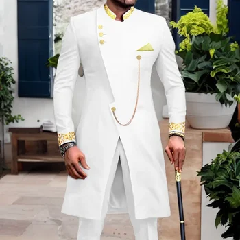 afrikai öltöny férfiaknak állvánnyal Gallér hosszú hímzés 2 db Slim Fit formális esküvői szmoking vőlegénynek 2024 (dzsekik + nadrág)
