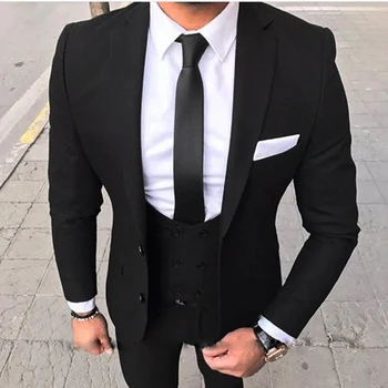 Fekete férfi öltöny 3 darab Blézer nadrág mellény 2 gomb Modern kabát üzlet Modern személyre szabott szalagavató Személyre szabott új esküvői vőlegény