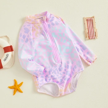 Toddler Girls Jumpsuit fürdőruha halmérleg mintás hosszú ujjú makett nyak cipzáras fürdőruha
