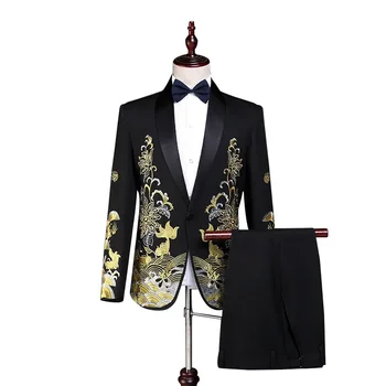 Új európai méret (blézer + nadrág) Férfi öltöny Elegáns trend hímzés Emcee Host ruha Legjobb férfi Performance Suit 2 részes szett
