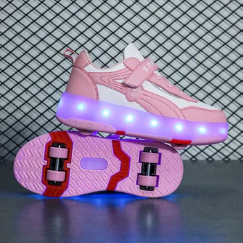 New rózsaszín USB töltés Divat lányok Fiúk LED fényű görkorcsolyás cipők gyerekeknek Gyerekcipők kerekekkel Négy kerék