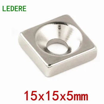 LEDERE 5/10db 15 x 15 x 5 mm lyuk 5 mm N35 Super Magnet süllyesztett fejű ritkaföldfém neodímium mágnes 15x15x5 - 5 mm