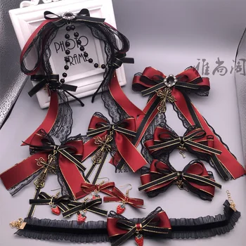 Japán Lolita bor piros sötétfekete csipke gyöngy nyaklánc hajtűk hajpántok gótikus Lolita KC fejdísz nőknek