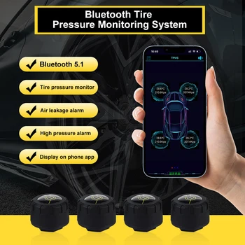  Gumiabroncsnyomás-ellenőrző rendszer 4Pcs Bluetooth TPMS külső érzékelők Valós idejű nyomás- és hőmérséklet-érzékelő Android / iOS rendszerhez