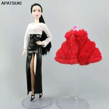 Lady White fekete hosszú ujjú ruha és piros bunda Barbie babákhoz Ruhák 1/6 BJD baba kiegészítőkhöz Gyermek játékok