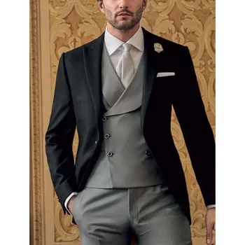 Formális teljes férfi öltöny 3 részes Chic Peak hajtóka Üzleti ok-okozati ruhák Divat báli vőlegény esküvői szmokingi (blézer+mellény+nadrág)