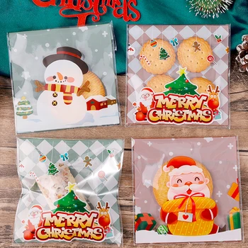 100db műanyag átlátszó csomagolózsákok Karácsonyi ünnepi cukorka süti tároló táska DIY öntapadó tasak ajándéktáskák bulihoz