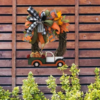 for Creative Halloween Tök teherautó koszorú őszi betakarítás Juharlevél kockás bowknot Függő parasztház Rusztikus hálaadás