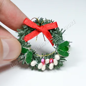 Odoria 1:12 Miniatűr zöld koszorú piros masnival Karácsonyi dísz Nappali Home Babaház kiegészítők Babaház dekoráció