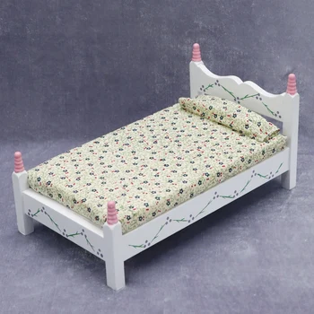 1/12 Babaház fa egyszemélyes ágy Miniatűr hálószobabútor szimuláció Mini egyszemélyes ágy Gyerek babaház bútor játék