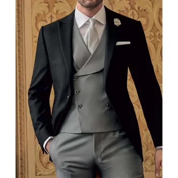 Formális teljes férfi öltöny 3 részes Chic Peak hajtóka Üzleti ok-okozati ruhák Divat báli vőlegény esküvői szmokingi (blézer+mellény+nadrág)