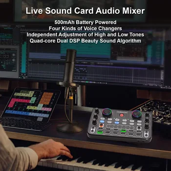  Élő hangkártya Audio Mixer felvétel Asztali éneklés DC 5V 44.1KHz zajcsökkentés jelzőfénnyel a Stream Podcasthoz