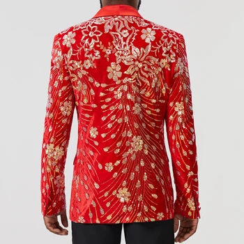Új férfi öltönykabát Esküvői parti Slim ruhakabát Flitteres dekoráció Luxus blézerek Piros Terno Masculino férfi Piros fényes kabát