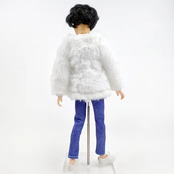 Fehér szőrme ruhakészlet Ken baba számára Divat dzseki póló Farmer nadrág Cipő Barbie barátjának Ken 1/6 baba kiegészítők