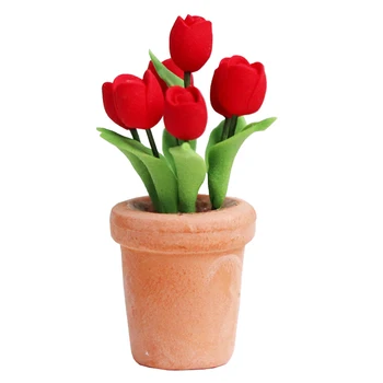 1:12 Babaház miniatűr piros tulipánok cserepes cserép szimuláció virágmodell itthon kert dekoráció játék babaház kiegészítők