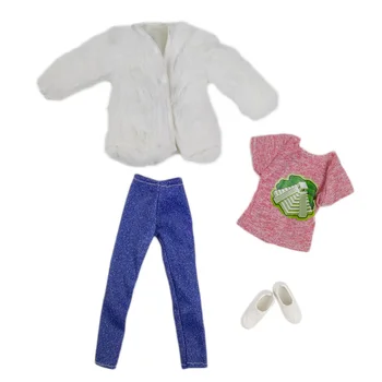 Fehér szőrme ruhakészlet Ken baba számára Divat dzseki póló Farmer nadrág Cipő Barbie barátjának Ken 1/6 baba kiegészítők